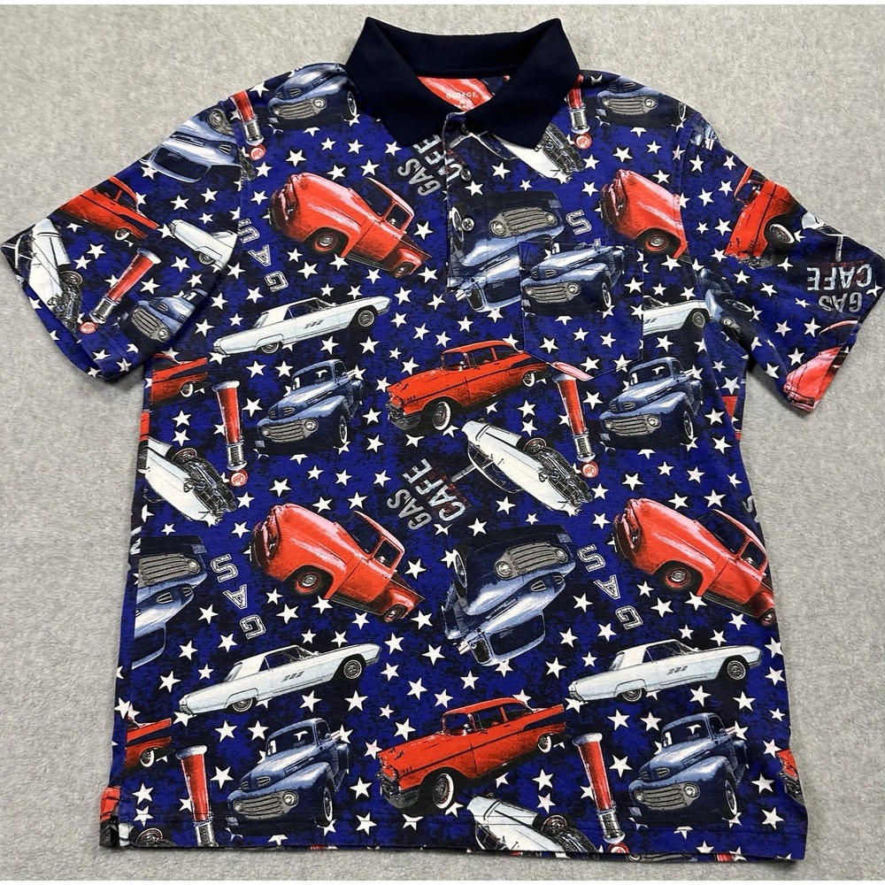 George Polo Shirt Med 38-40 Short Sleeve ‎ Vintage Cars/Trucks Print Golf Shirt
